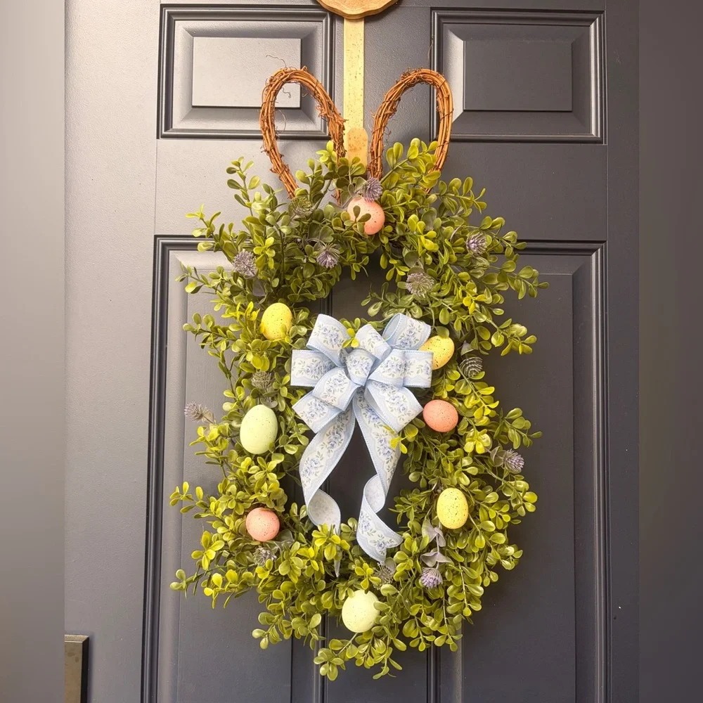 Handmade Boxwood Easter Bunny Wreath with Pastel Eggs and Blue Bow 28” x 13”